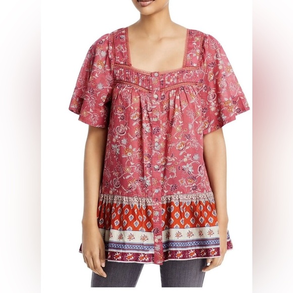 beachlunchlounge Tops - Beach Lunch Lounge Womens Nica Square Neck Printed Button-Down Top Boho Blouse S